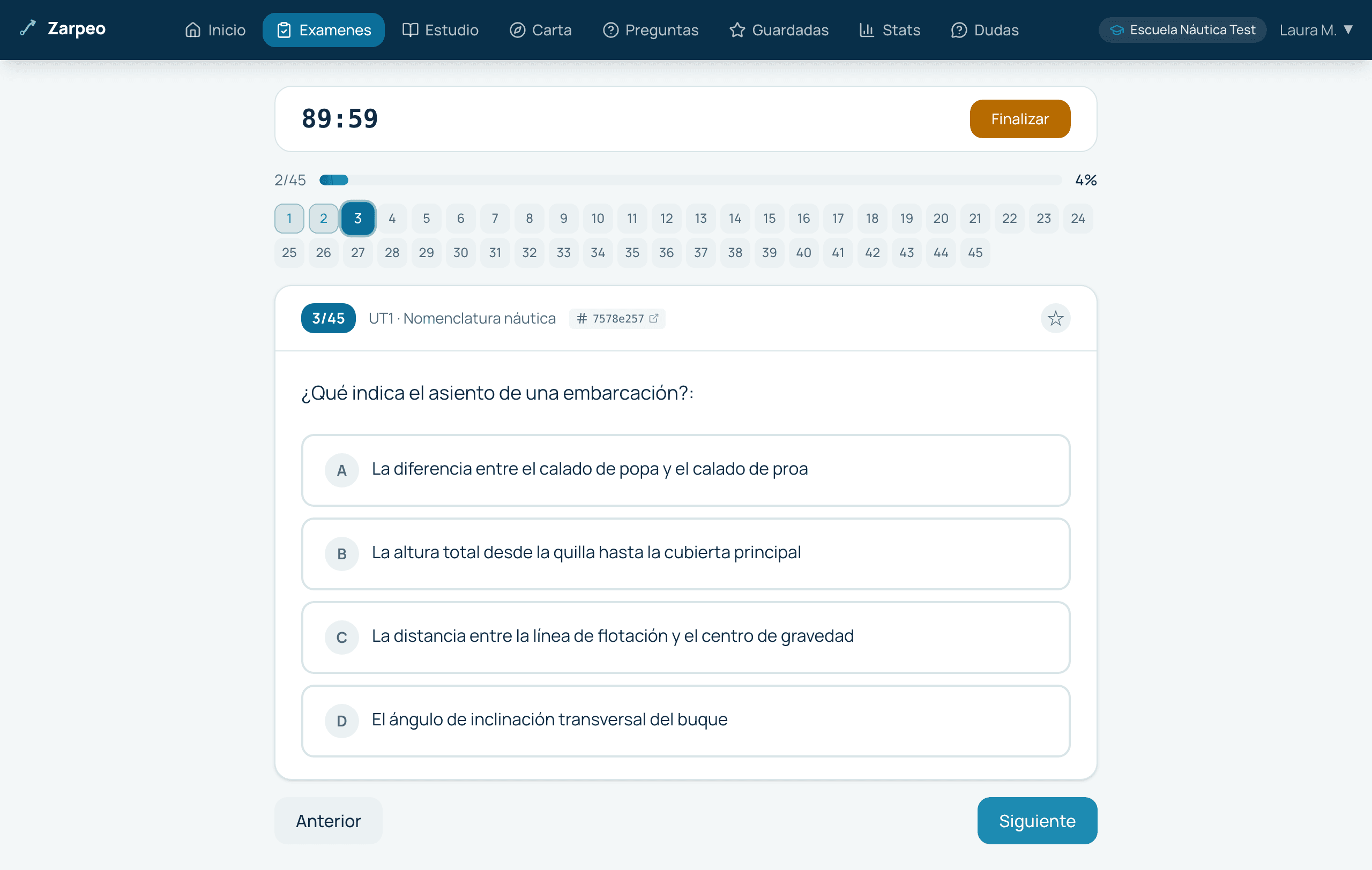 Examen tipo en curso con el temporizador, el mapa numerado de 45 preguntas y la pregunta 3 con sus cuatro opciones