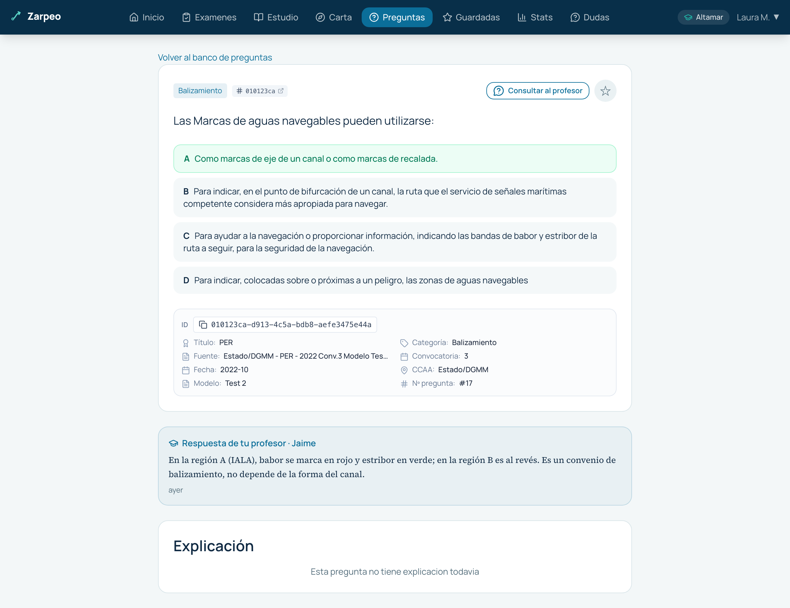 Detalle de una pregunta de Balizamiento visto por un alumno, con el bloque Respuesta de tu profesor bajo las opciones